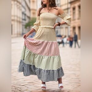 Color Block Plaid Off-Shoulder Maxi Dress